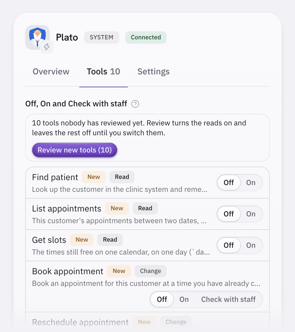 The Plato tools in Volty, every one switched Off. Find patient, List appointments and Get slots are marked Read; Book appointment is marked Change and can be set to Off, On or Check with staff.